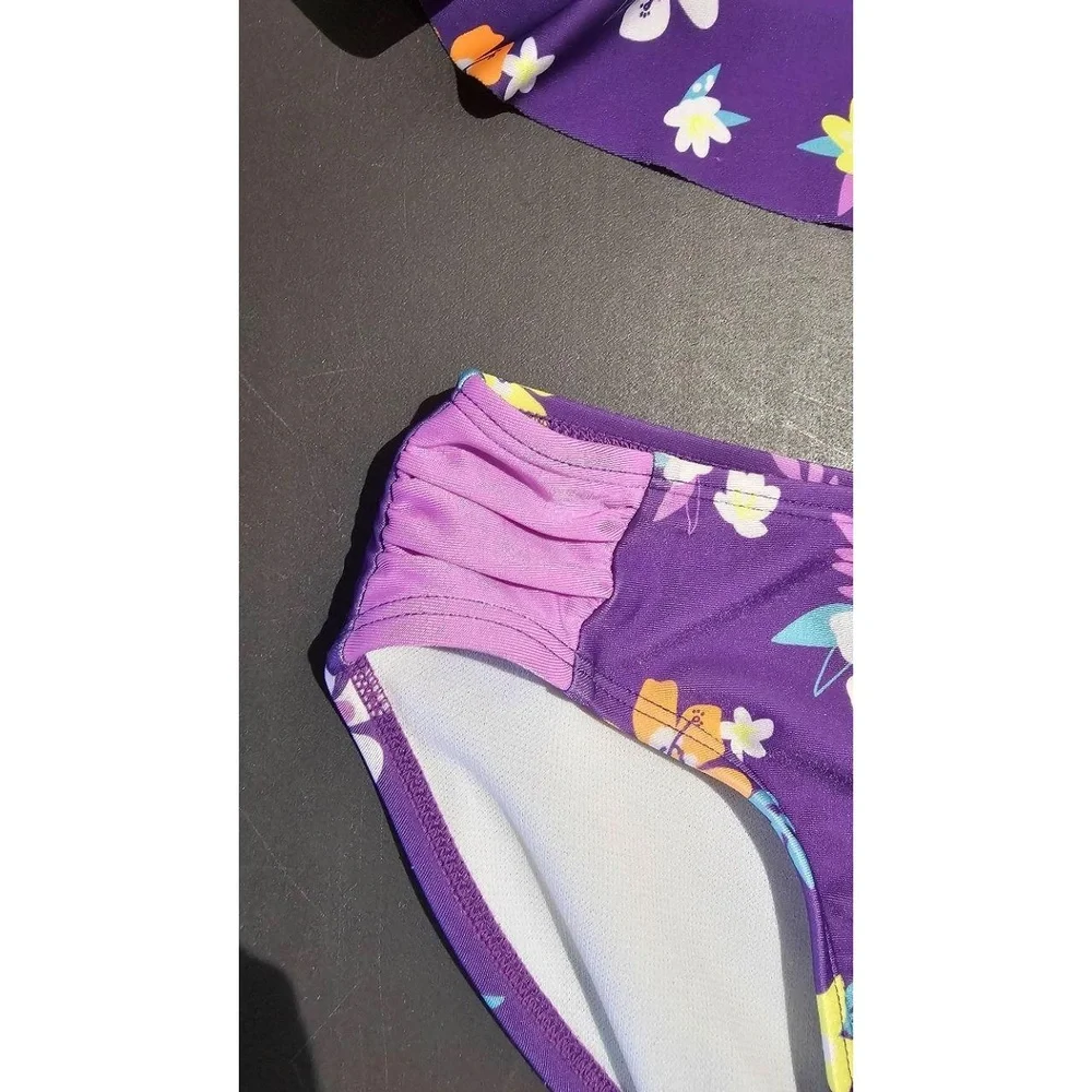 CAT & JACK Girls Purple Floral Bikini Size M (8) Ruffle Off-Shoulder‎ Sleeveless